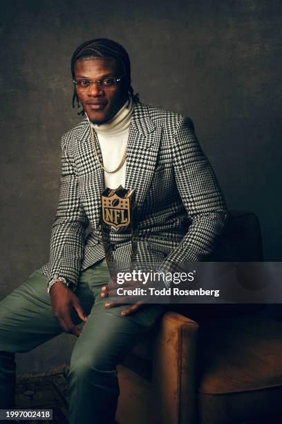 Lamar Jackson of the Baltimore Ravens poses for a portrait after winning MVP at the 13th Annual NFL Honors on February 8, 2024 in Las Vegas, Nevada.