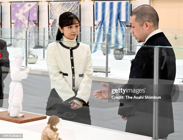 Princess Kako of Akishino visits the Japanese Traditional Crafts exhibition on February 9, 2024 in Fukuoka, Japan.