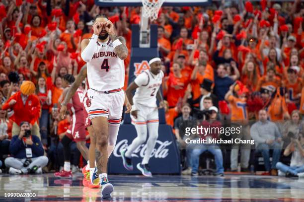 Johni Broome of the Auburn Tigers reacts after a big play during their game against the Alabama Crimson Tide at Neville Arena on February 07, 2024 in...