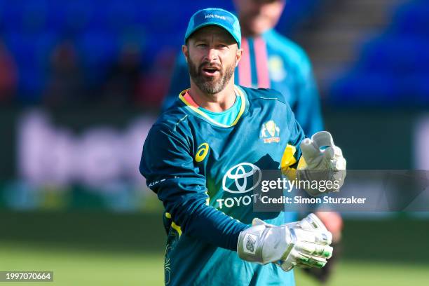 Matthew Wade of Australia is seen warming up ahead of game one of the Men's T20 International series between Australia and West Indies at Blundstone...