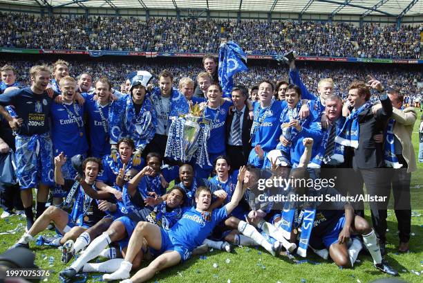 May 7: Chelsea players and backroom staff with Premiership trophy after winning the 2004-05 Championship after the Premier League match between...