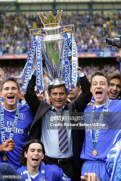 May 7: Jose Mourinho Chelsea Manager, Frank Lampard of Chelsea and John Terry of Chelsea celebrate with Trophy after becoming the 2004-2005 Premier...