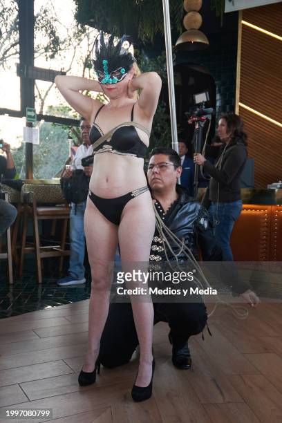 Performance before a press conference to unveil Celia Lora as the cover star of 'Penthouse Magazine' at Terraza Panthera on February 8, 2024 in...
