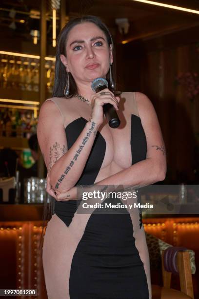 Celia Lora speaks during a press conference to unveil Celia Lora as the cover star of 'Penthouse Magazine' at Terraza Panthera on February 8, 2024 in...