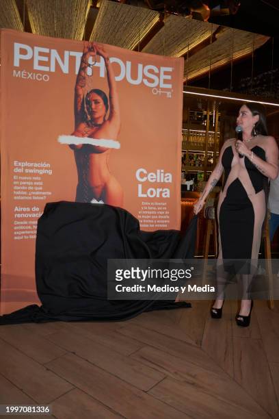 Celia Lora speaks during a press conference to unveil Celia Lora as the cover star of 'Penthouse Magazine' at Terraza Panthera on February 8, 2024 in...
