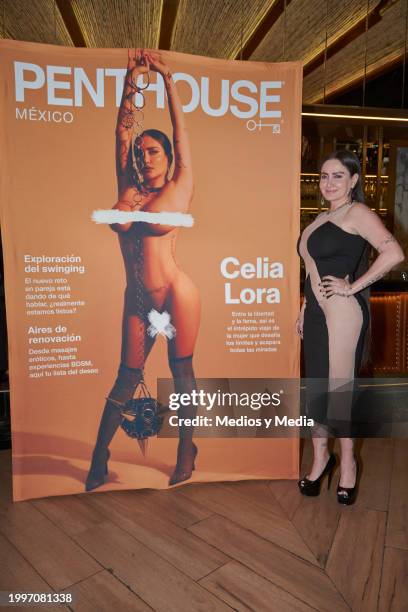 Celia Lora poses for a photo during a press conference to unveil Celia Lora as the cover star of 'Penthouse Magazine' at Terraza Panthera on February...