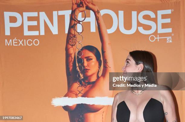 Celia Lora poses for a photo during a press conference to unveil Celia Lora as the cover star of 'Penthouse Magazine' at Terraza Panthera on February...
