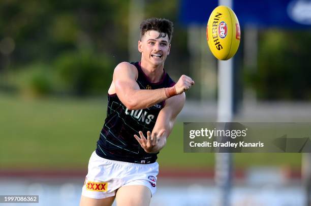 Jaxon Prior of the Lions gets a handball away during a Brisbane Lions AFL intra-club match at Brighton Homes Arena on February 09, 2024 in Ipswich,...