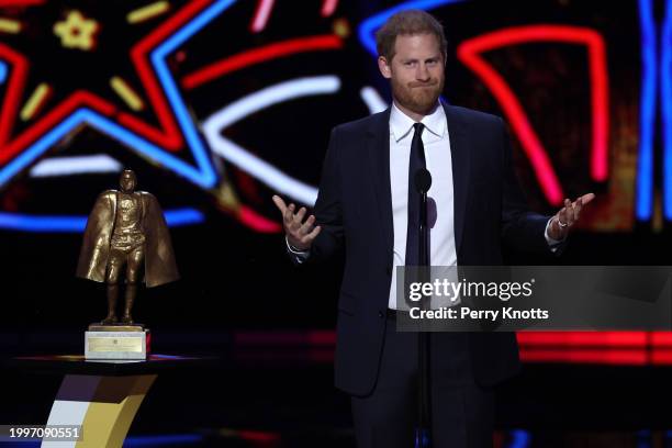 Prince Harry, Duke of Sussex presents the Walter Payton Man of the Year Award at the 13th Annual NFL Honors on February 8, 2024 in Las Vegas, Nevada.