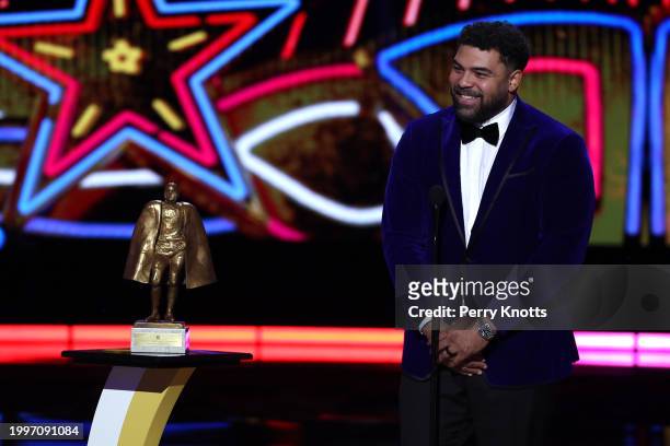 Cameron Heyward of the Pittsburgh Steelers, winner of the Walter Payton Man of the Year Award speaks at the 13th Annual NFL Honors on February 8,...