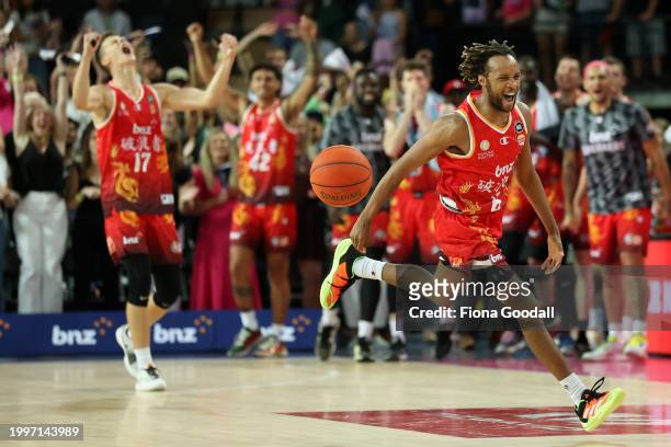Parker Jackson-Cartwright of the Breakers celebrates the win during the round 19 NBL match between New Zealand Breakers and Illawarra Hawks at Spark...