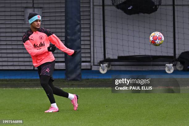 Manchester City's Norwegian midfielder Oscar Bobb attends a training session at Manchester City's training ground in north-west England on February...