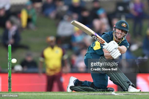 David Warner of Australia bats during game one of the Men's T20 International series between Australia and West Indies at Blundstone Arena on...