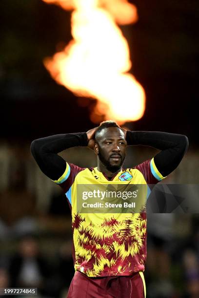 Andre Russell of the West Indies reacts during game one of the Men's T20 International series between Australia and West Indies at Blundstone Arena...