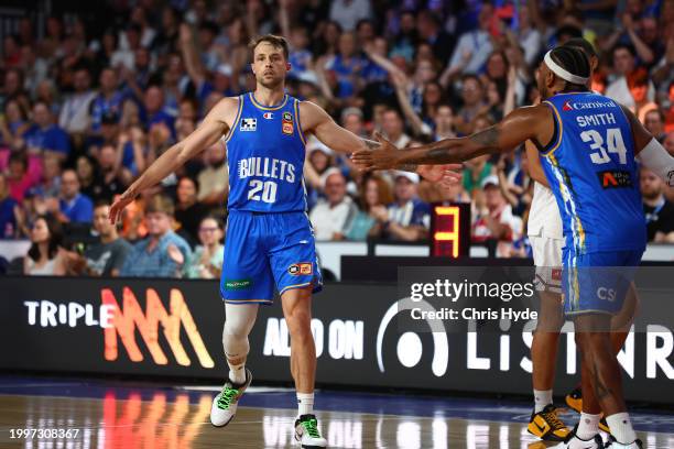 Nathan Sobey of the Bullets celebrates during the round 19 NBL match between Brisbane Bullets and Adelaide 36ers at Nissan Arena, on February 09 in...