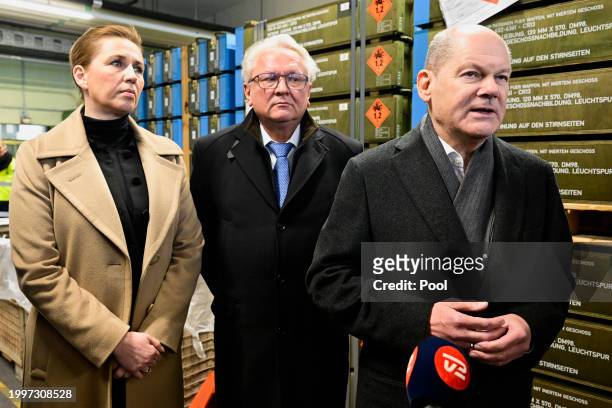 German Chancellor Olaf Scholz and Danish Prime Minister Mette Frederiksen and CEO of Rheinmetall Armin Papperger visit a production line as they and...