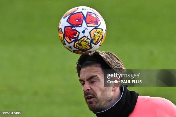 Manchester City's English midfielder Jack Grealish attends a training session at Manchester City's training ground in north-west England on February...