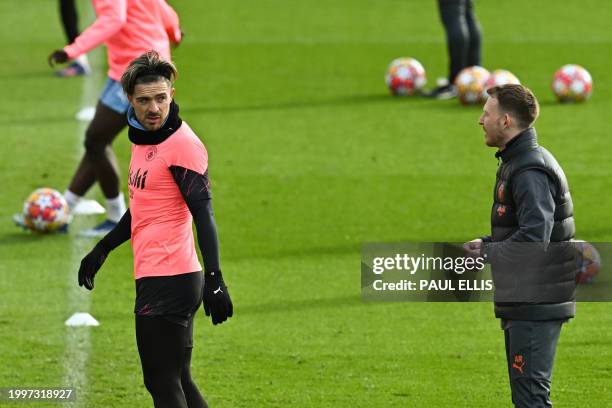 Manchester City's English midfielder Jack Grealish attends a training session at Manchester City's training ground in north-west England on February...