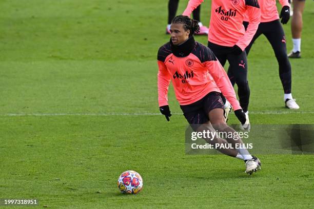 Manchester City's Dutch defender Nathan Ake attends a training session at Manchester City's training ground in north-west England on February 12 on...