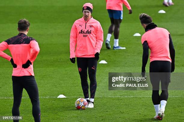Manchester City's Belgian midfielder Kevin De Bruyne attends a training session at Manchester City's training ground in north-west England on...