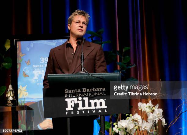 Brad Pitt speaks onstage at the Outstanding Performer of the Year Award ceremony during the 39th Annual Santa Barbara International Film Festival at...