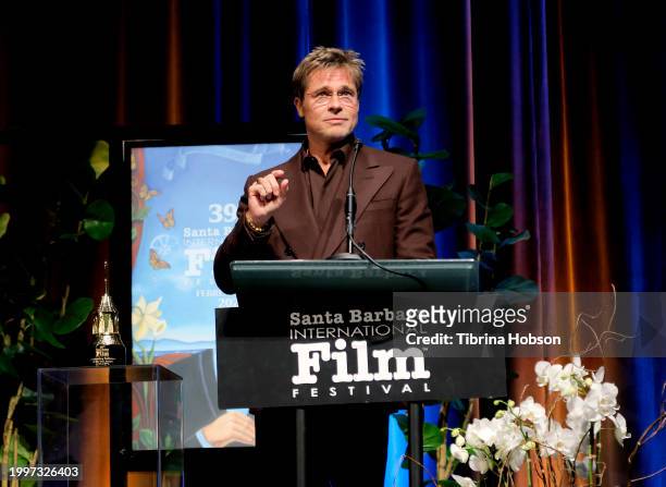 Brad Pitt speaks onstage at the Outstanding Performer of the Year Award ceremony during the 39th Annual Santa Barbara International Film Festival at...