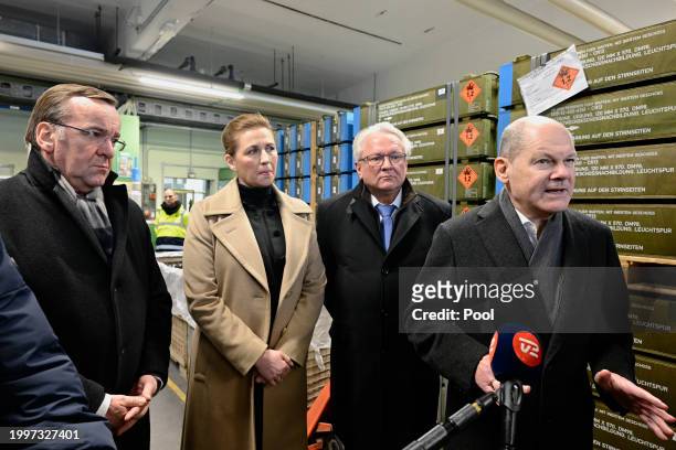 German Chancellor Olaf Scholz accompanied by German Defence Minister Boris Pistorius , Danish Prime Minister Mette Frederiksen and CEO of Rheinmetall...