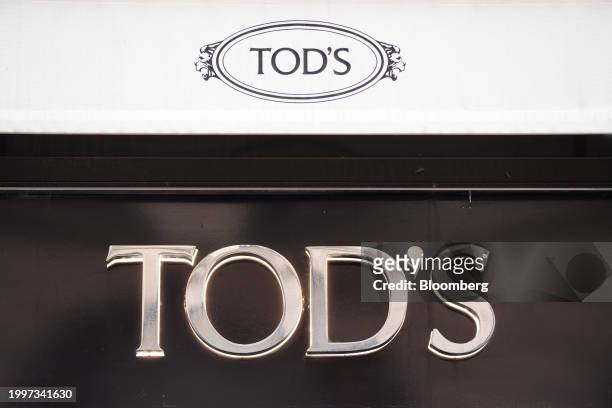 Logo at a Tod's SpA luxury boutique in central Paris, France, on Monday, Feb. 12, 2024. The founding family of Tod's is teaming up with buyout firm L...