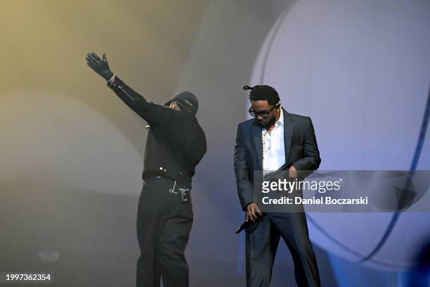 Baby Keem and Kendrick Lamar attend the Visa Cash App RB Formula One Team 2024 Livery Reveal on February 08, 2024 in Las Vegas, Nevada.