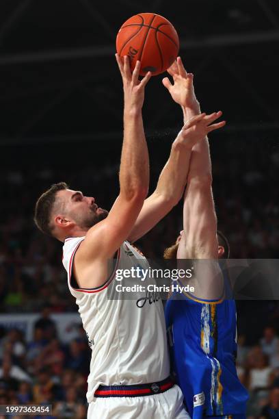 Isaac Humphries of the 36ers shoots during the round 19 NBL match between Brisbane Bullets and Adelaide 36ers at Nissan Arena, on February 09 in...