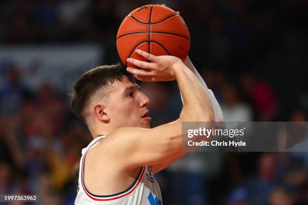 Dejan Vasiljevic of the 36ers shoots during the round 19 NBL match between Brisbane Bullets and Adelaide 36ers at Nissan Arena, on February 09 in...