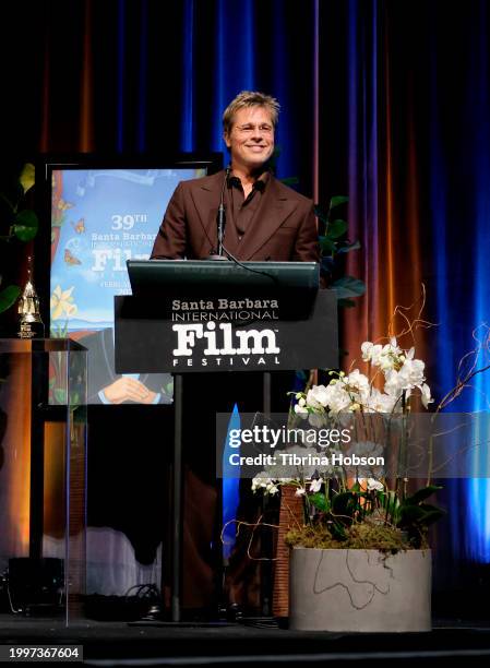 Brad Pitt speaks onstage at the Outstanding Performer of the Year Award ceremony during the 39th Annual Santa Barbara International Film Festival at...