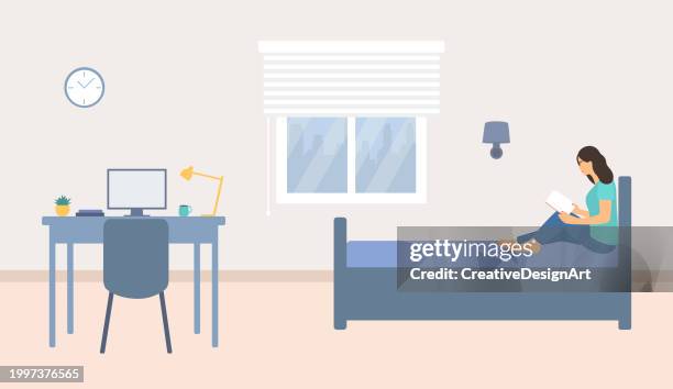 stockillustraties, clipart, cartoons en iconen met side view of young girl sitting on bed and reading book. modern teen room with study desk, computer, books and bed furniture - slaapkamer