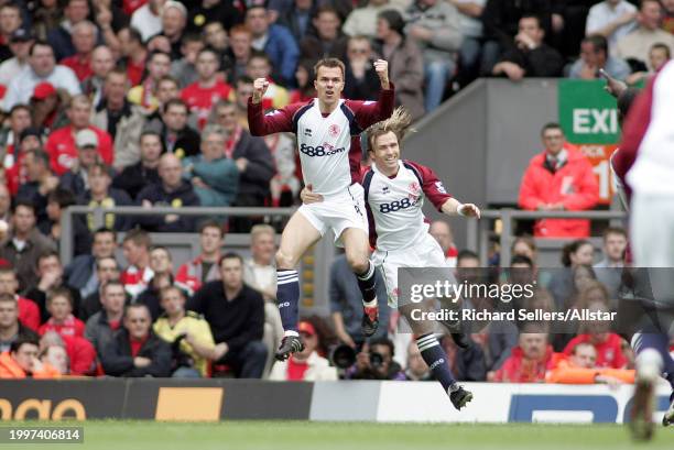 April 30: Szilard Nemeth of Middlesbrough and Bolo Zenden of Middlesbrough celebrate during the Premier League match between Liverpool and...