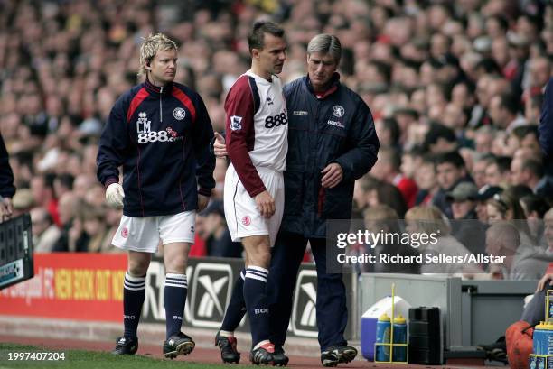 April 30: Szilard Nemeth of Middlesbrough is injured during the Premier League match between Liverpool and Middlesbrough at Anfield on April 30, 2005...
