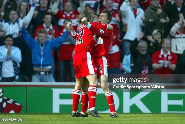 April 23: Szilard Nemeth of Middlesbrough and Bolo Zenden of Middlesbrough celebrate during the Premier League match between Middlesbrough and West...