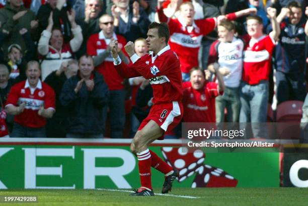April 23: Szilard Nemeth of Middlesbrough celebrates during the Premier League match between Middlesbrough and West Bromwich Albion at Riverside...