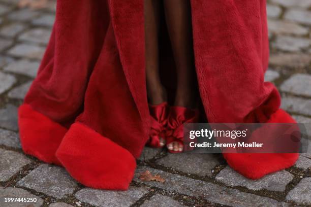 Toni Dreher seen wearing Marina Hoermanseder dark red / red fake fur long oversized coat and red satin bow detailed heels, on February 08, 2024 in...