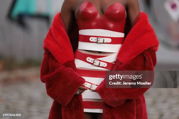 Toni Dreher seen wearing Marina Hoermanseder red / white leather striped belted corset short dress, Marina Hoermanseder dark red / red fake fur long...