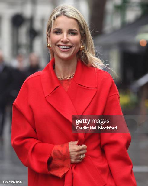 Vogue Williams arriving at Global Radio Studios on February 09, 2024 in London, England.