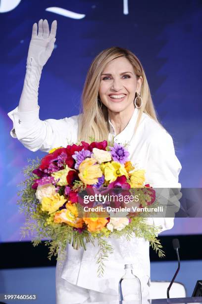 Lorella Cuccarini attends a photocall during the 74th Sanremo Music Festival 2024 at Teatro Ariston on February 09, 2024 in Sanremo, Italy.