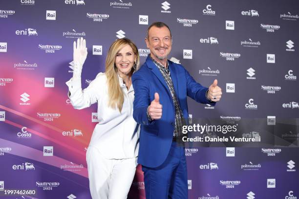 Lorella Cuccarini and Amadeus attends a photocall during the 74th Sanremo Music Festival 2024 at Teatro Ariston on February 09, 2024 in Sanremo,...