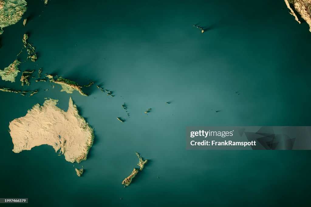 Ozeanien Topografische Karte Horizontales 3D-Rendern Dunkle Ozeanfarbe