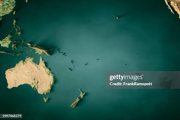 oceania topographic map horizontal 3d render dark ocean color - grote oceaan stockfoto's en -beelden