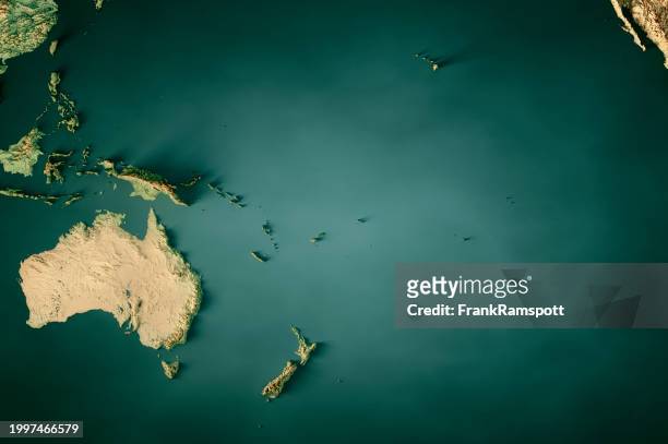 oceania topographic map horizontal 3d render dark ocean color - pacific ocean from space stock pictures, royalty-free photos & images