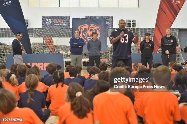 Former Chicago Bears player Roberto Garza speaks during the 'Mini Monsters' training session at GO fit Vallehermoso on February 9 in Madrid, Spain....