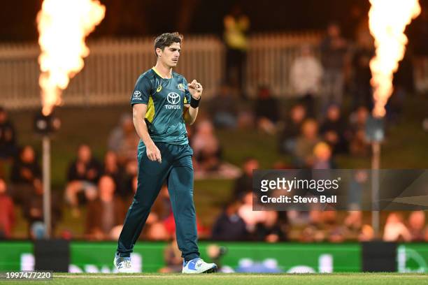 Sean Abbott of Australia celebrates the wicket of Sherfane Rutherford of the West Indies during game one of the Men's T20 International series...