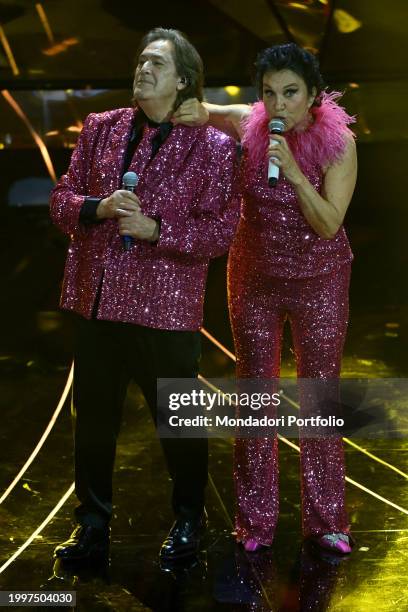 Italians singers Angelo Sotgiu and Angela Brambati by Ricchi e Poveri at 74 Sanremo Music Festival. Third Evening. Sanremo , February 8th, 2024