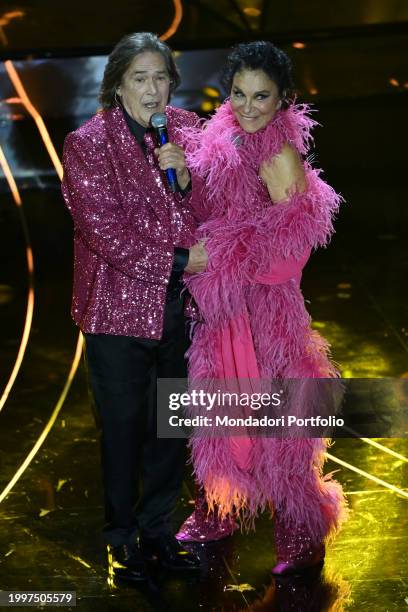 Italians singers Angelo Sotgiu and Angela Brambati by Ricchi e Poveri at 74 Sanremo Music Festival. Third Evening. Sanremo , February 8th, 2024