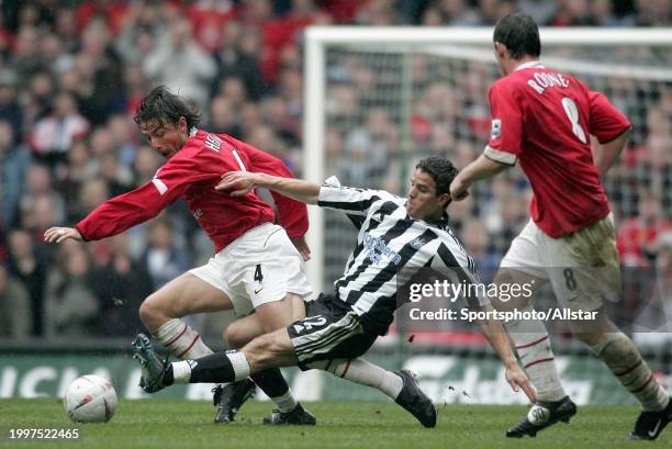 April 17: Gabriel Heinze of Manchester United and Laurent Robert of Newcastle United challenge during the FA Cup Semi-final match between Manchester...